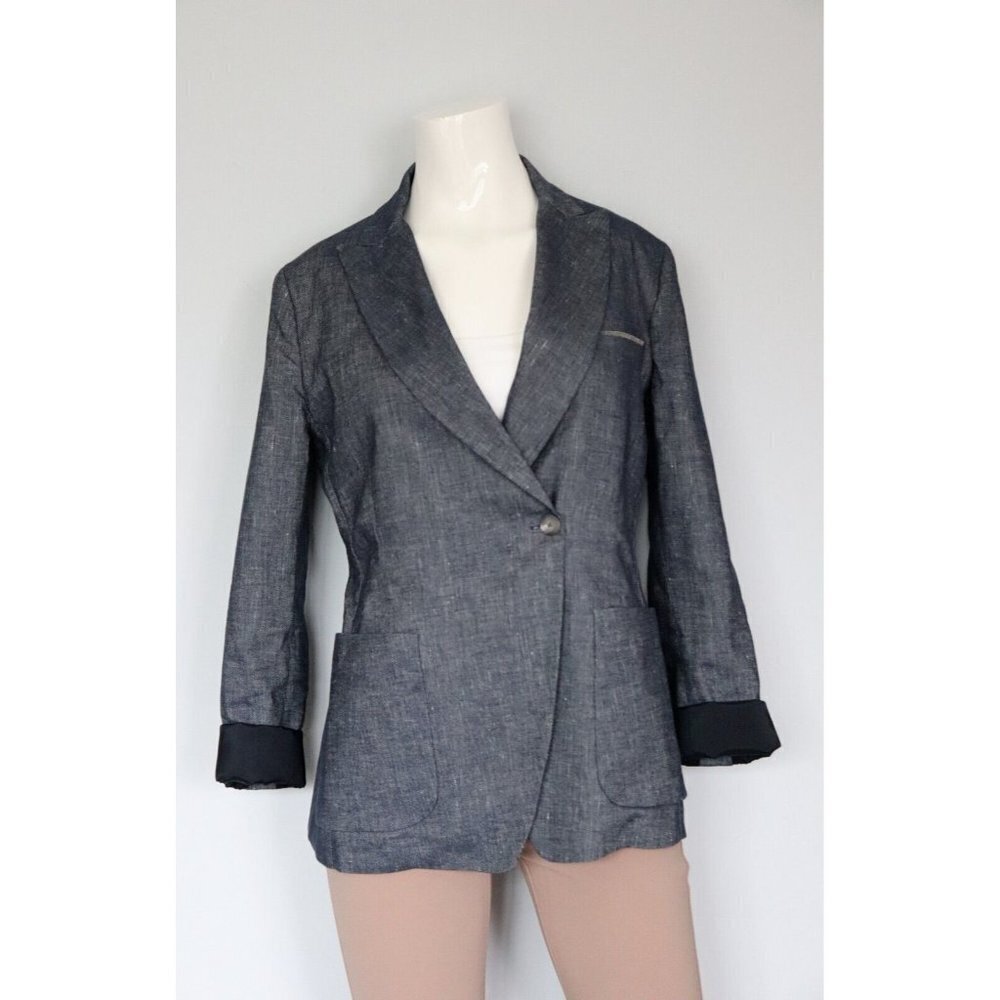 Fabiana Filippi Womens US12 Blue Brilliant Beading Jacket Double Breasted Blazer